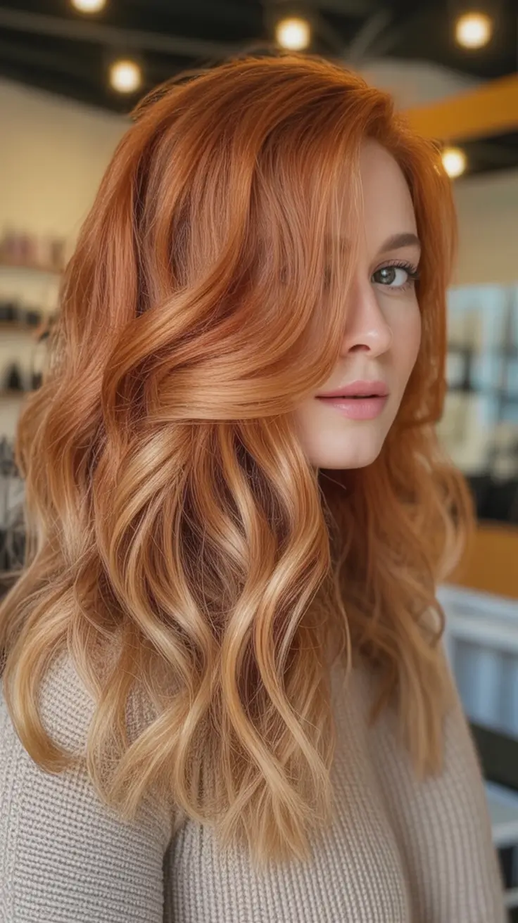Fall Haircut Ideas for September 2025 Long Copper Waves with Warm Balayage