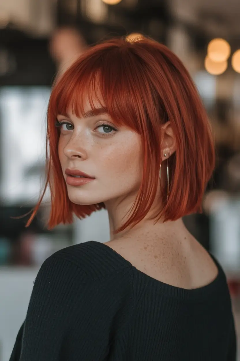 Fall Haircut Ideas for September 2025 Sleek Fiery Bob with Micro Curtain Bangs