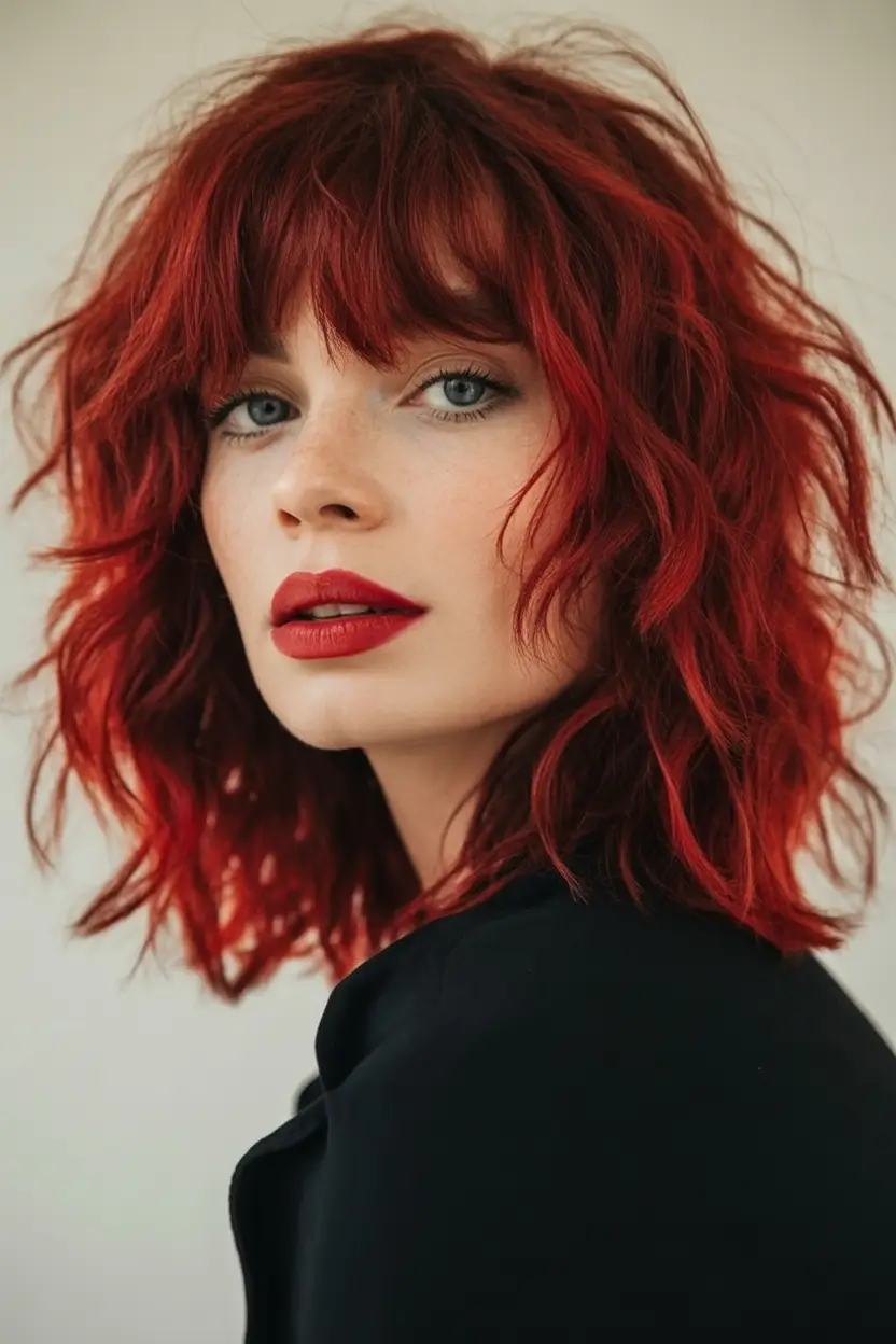 Fall Haircut Ideas for September 2025 Textured Red Lob with Full Fringe
