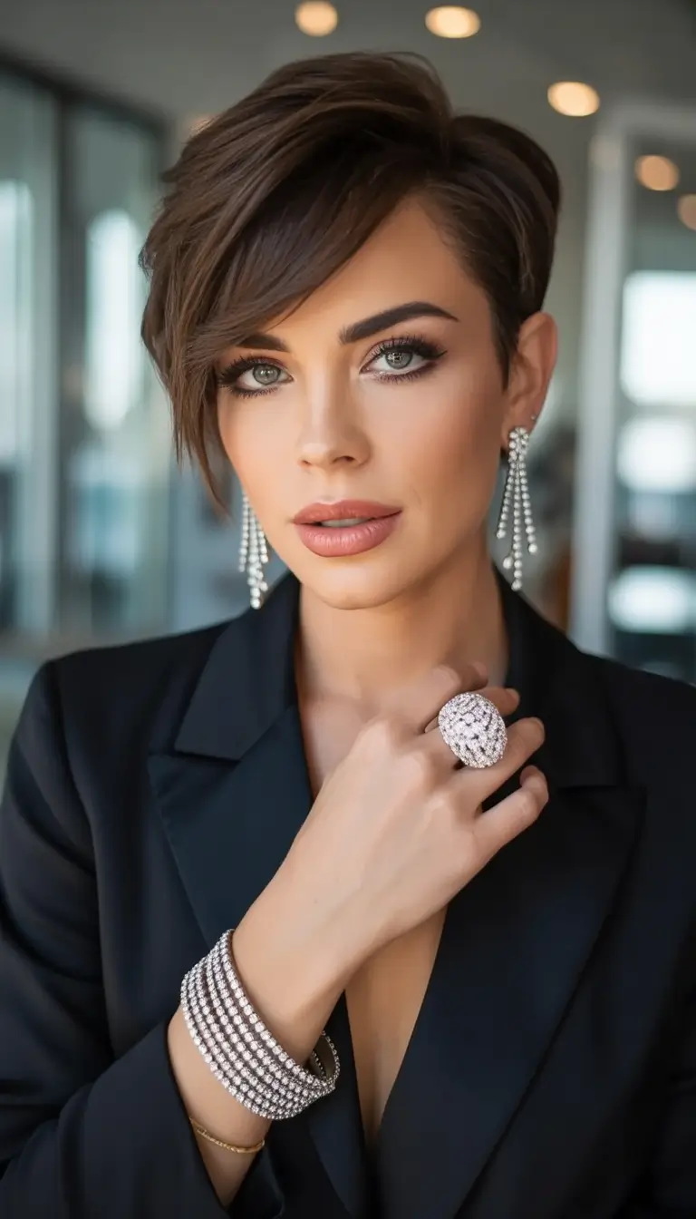 Fall Haircut Ideas for September 2025 Asymmetrical Brunette Pixie-Bob