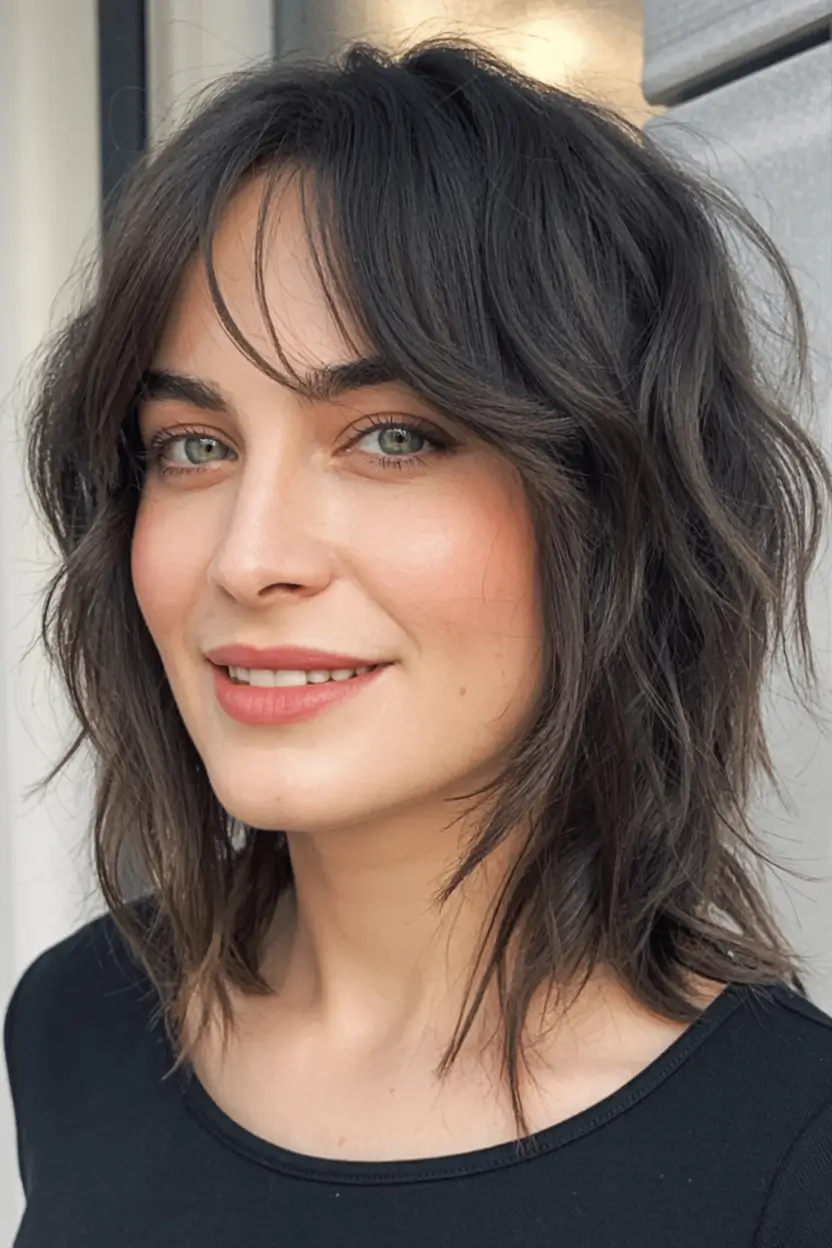 fall haircuts ideas 2025 Textured Shag With Curtain Bangs