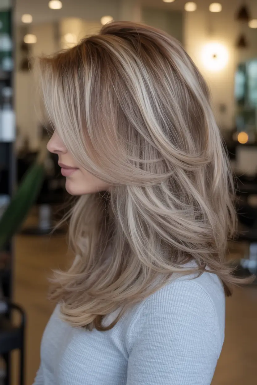 fall haircuts ideas 2025 Layered Vanilla Blonde with Feathered Ends