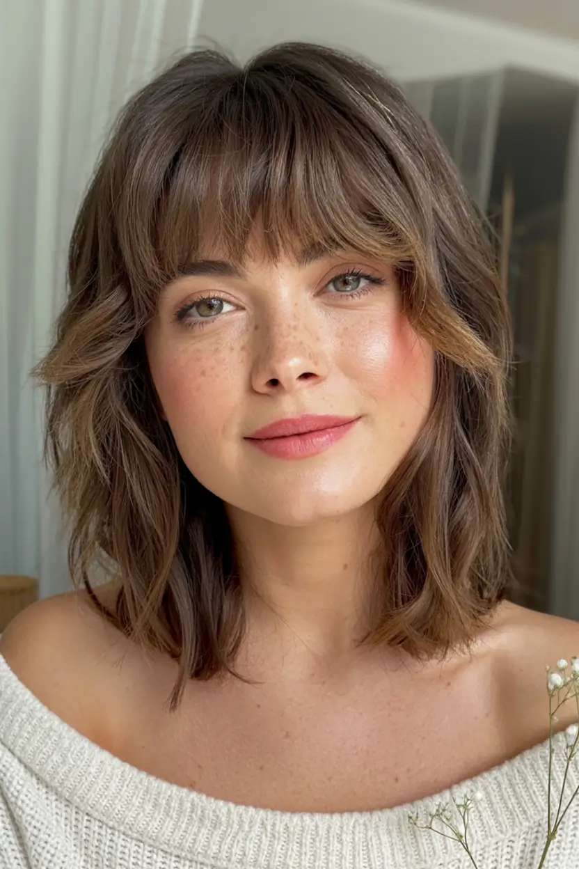 fall haircuts ideas 2025 Mid-Length Shag with Bardot Bangs