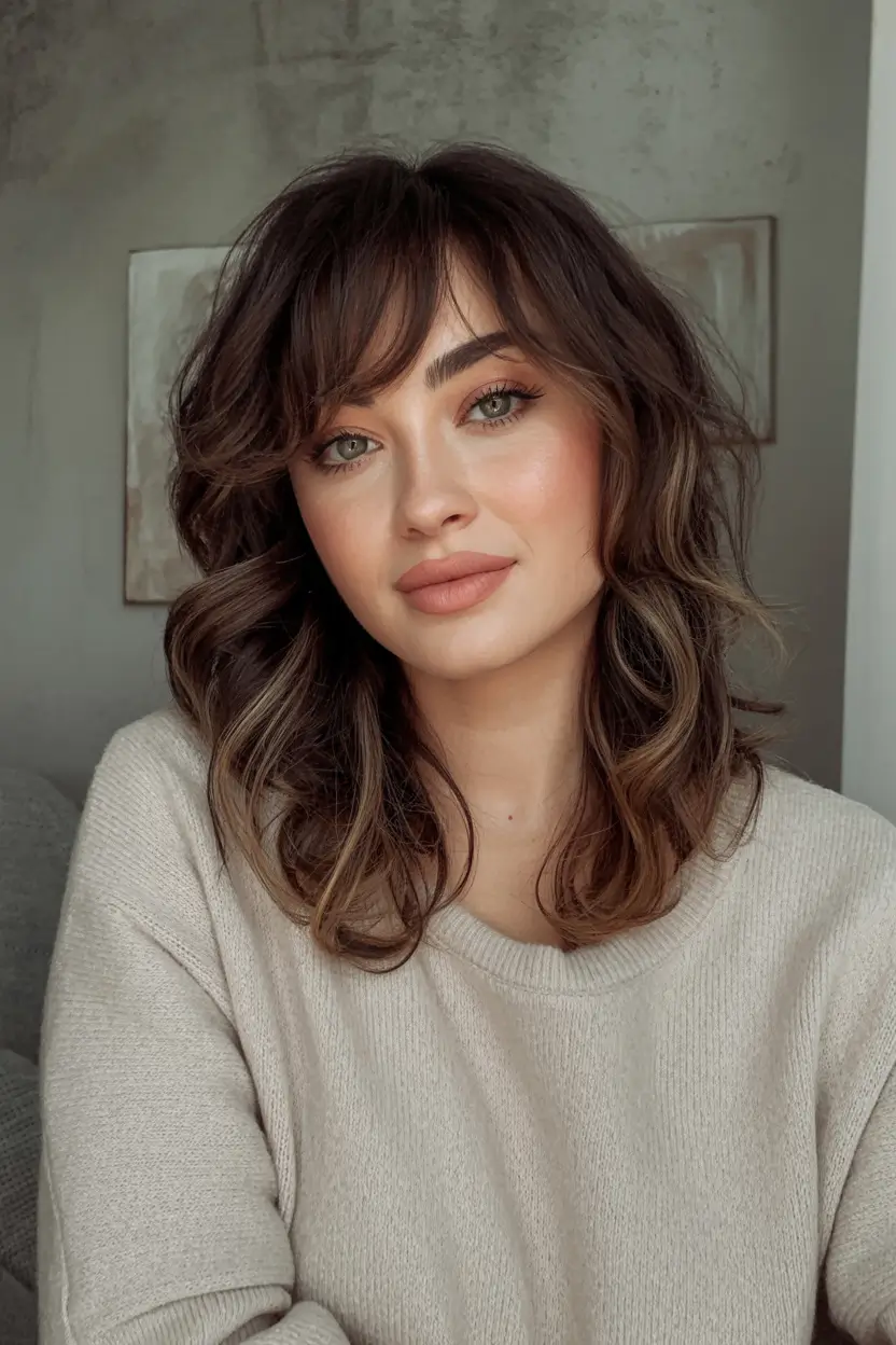 fall haircuts ideas 2025 Romantic Waves with Soft Choppy Fringe