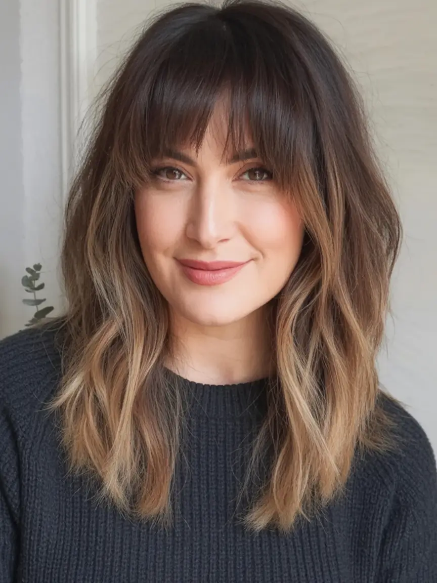 fall haircuts ideas 2025 Warm Honey Lob with Thick Fringe