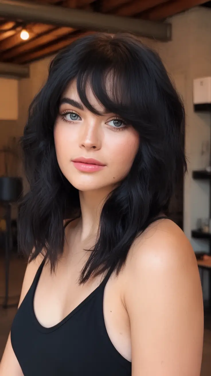 fall haircuts ideas 2025 Dark Shag with Textured Curtain Fringe