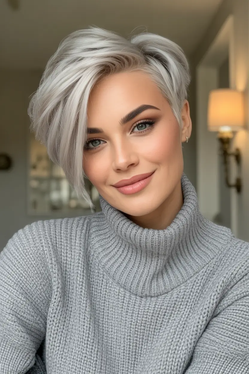 fall haircuts ideas 2025 Snowy Platinum Pixie with Side Volume