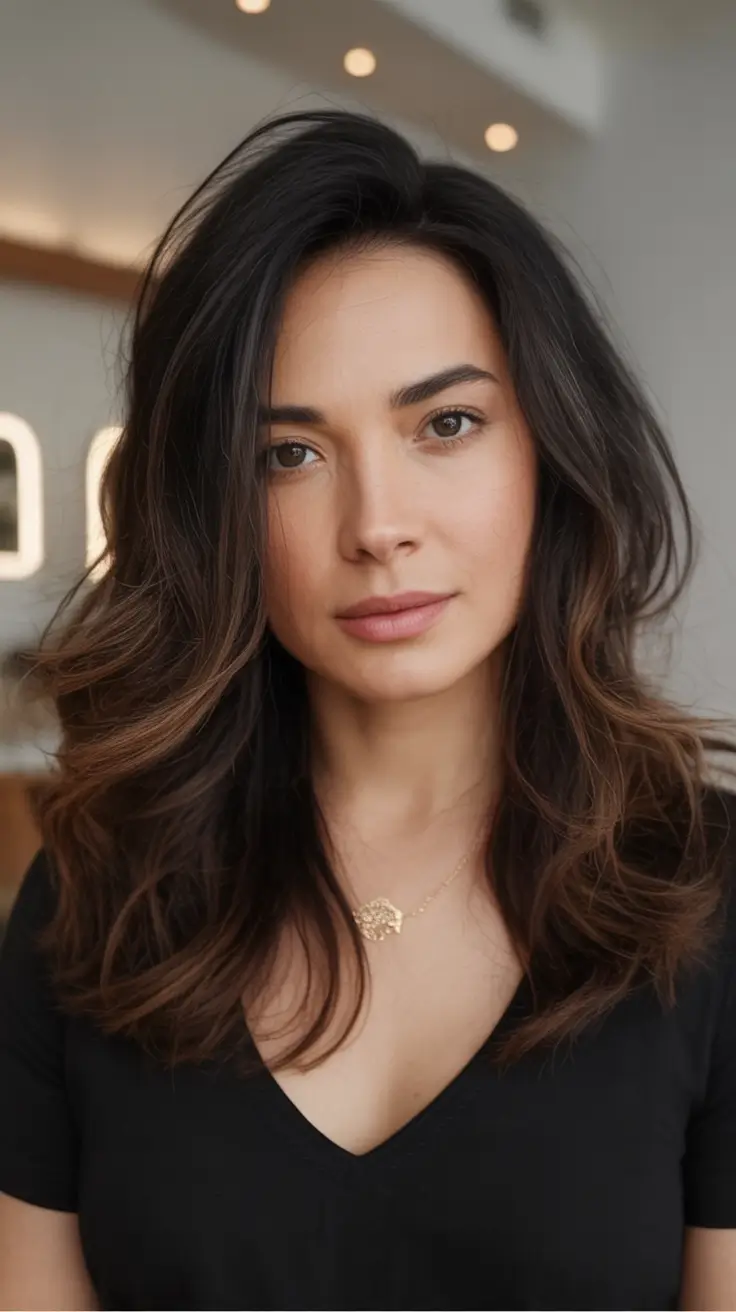 fall haircuts ideas 2025 Long Voluminous Layers with Deep Side Part