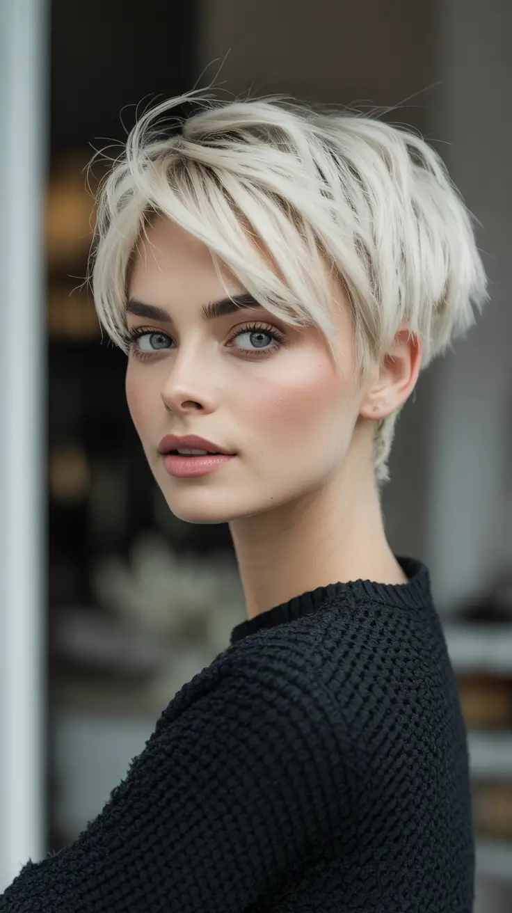 fall haircuts ideas 2025 Choppy Platinum Pixie with Textured Fringe