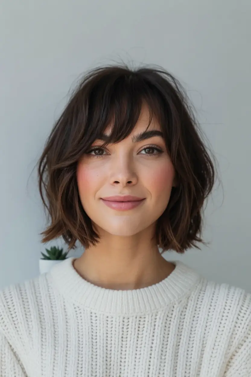 fall haircuts ideas 2025 Rounded Bob With Feathered Bangs