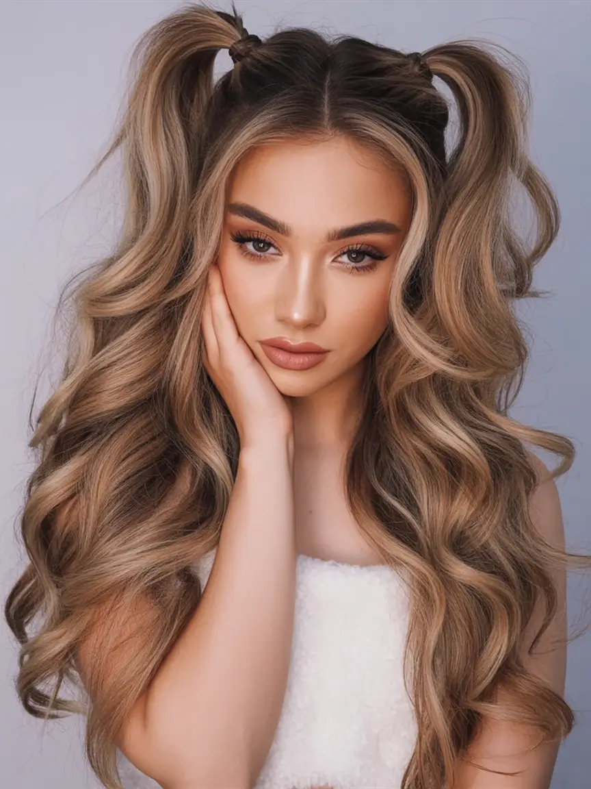 Fall hairstyle for long hairs 2025 Soft Waves with Half-Up Pigtails