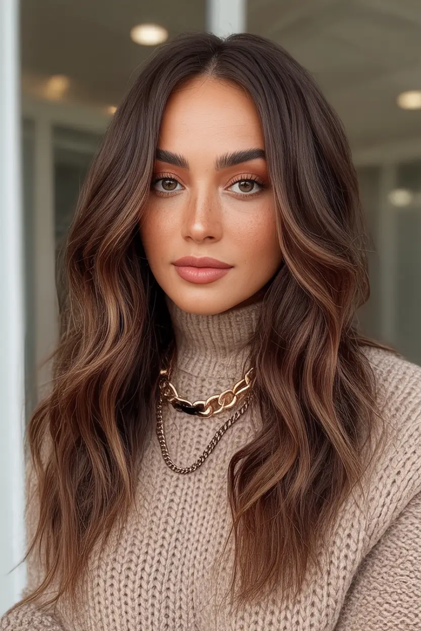 Fall hairstyle for long hairs 2025 Warm Brunette Blowout Waves