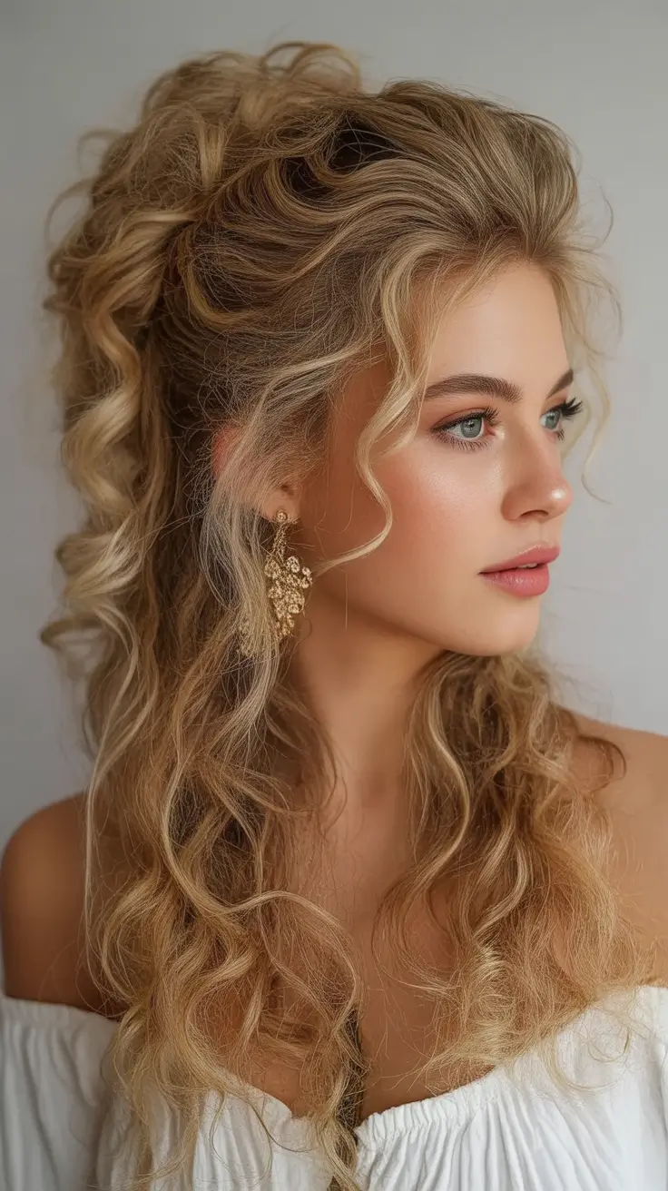 Fall hairstyle for long hairs 2025 Soft Blonde Curls with Half-Up Volume