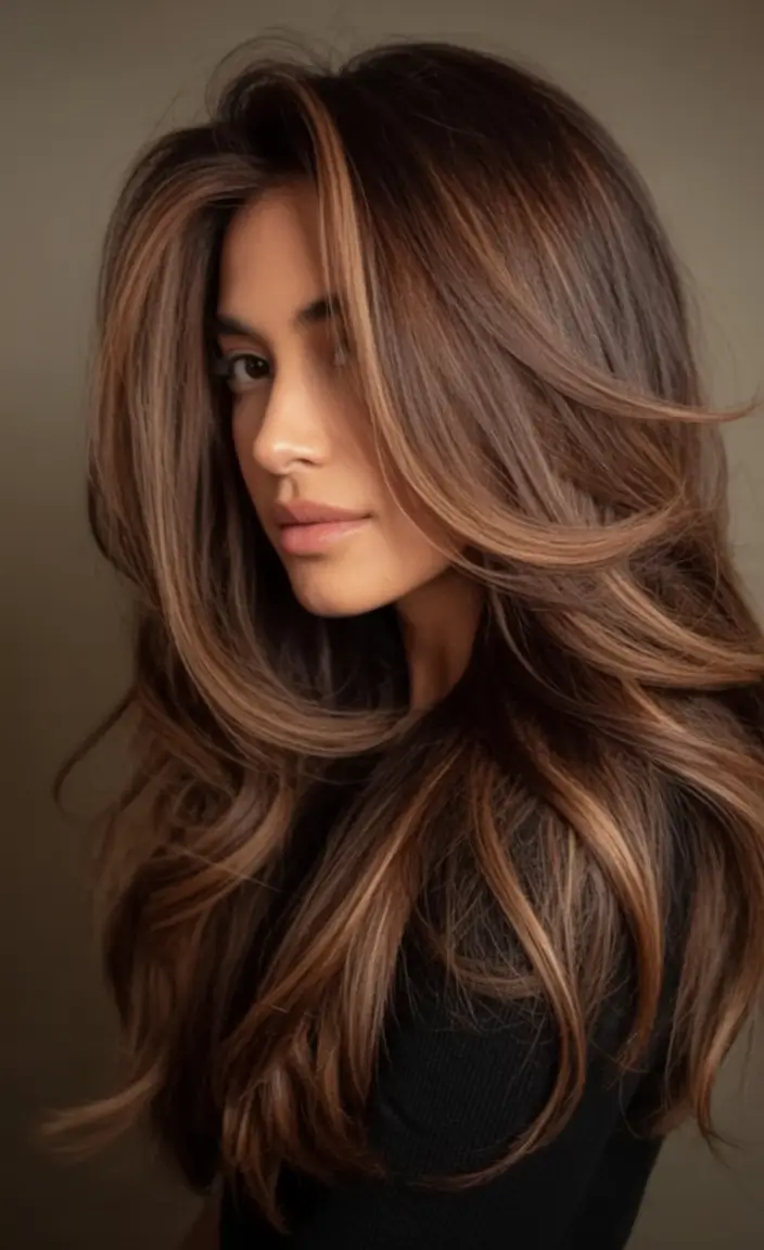 Fall hairstyle for long hairs 2025 Luxurious Volume with Warm Brunette Waves