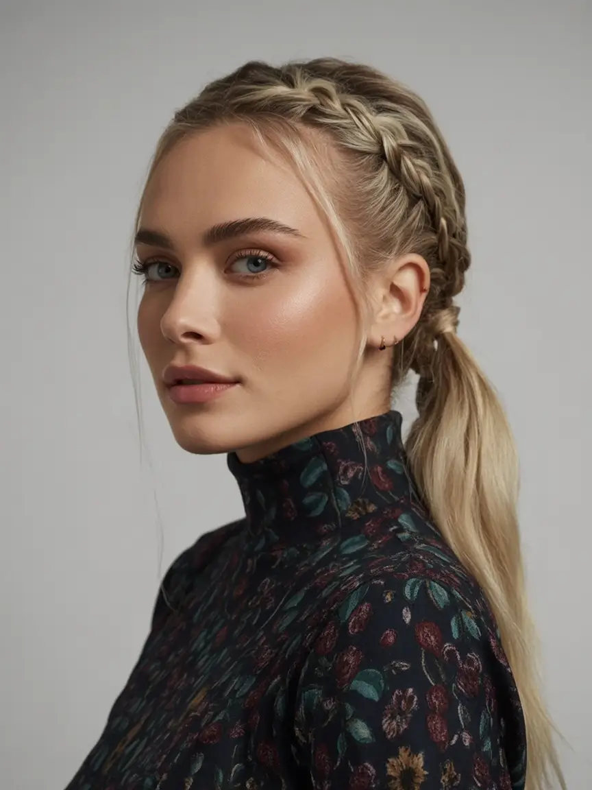Fall hairstyle for long hairs 2025 Soft Braided Crown with Blonde Ponytail