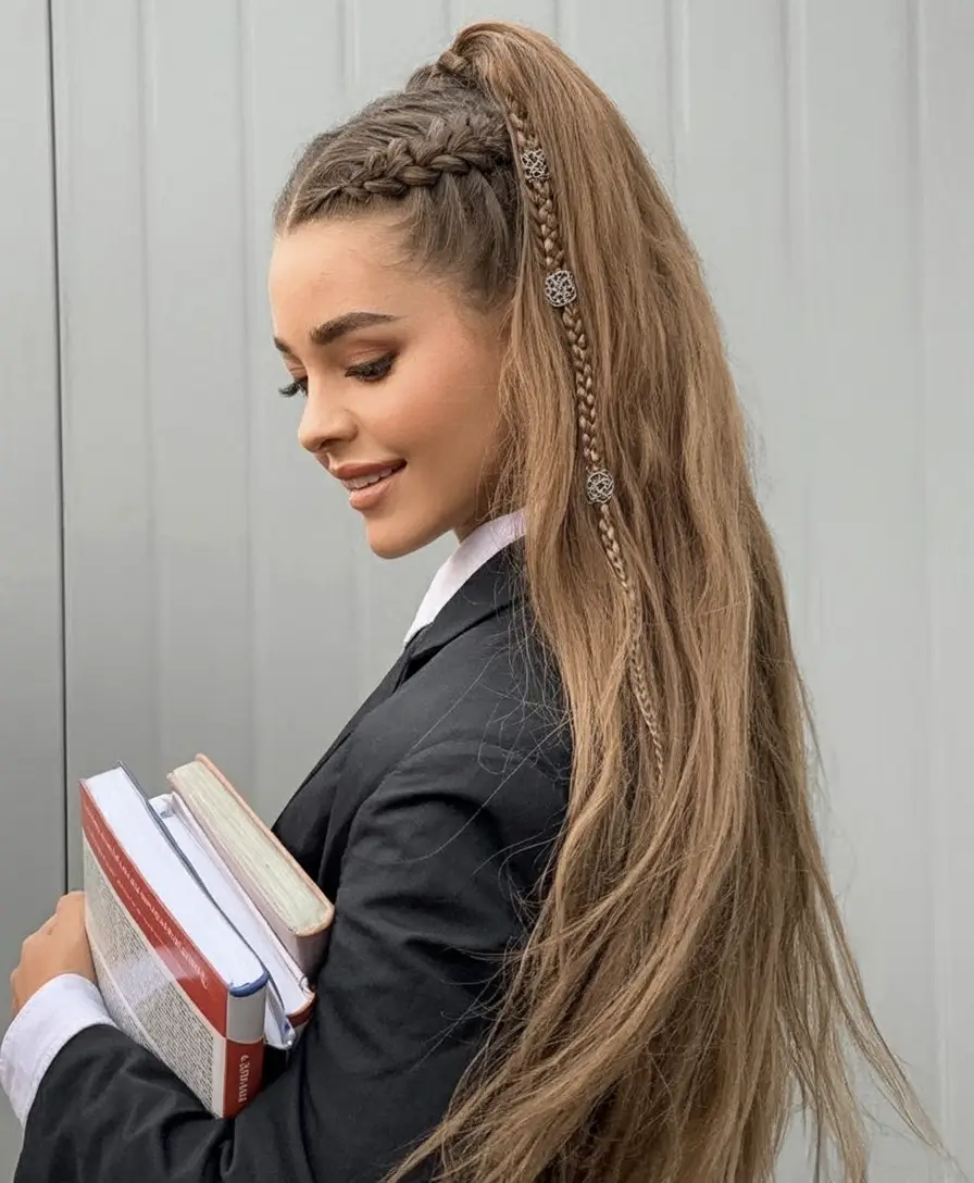 Fall hairstyle for long hairs 2025 High Ponytail with Embellished Braids