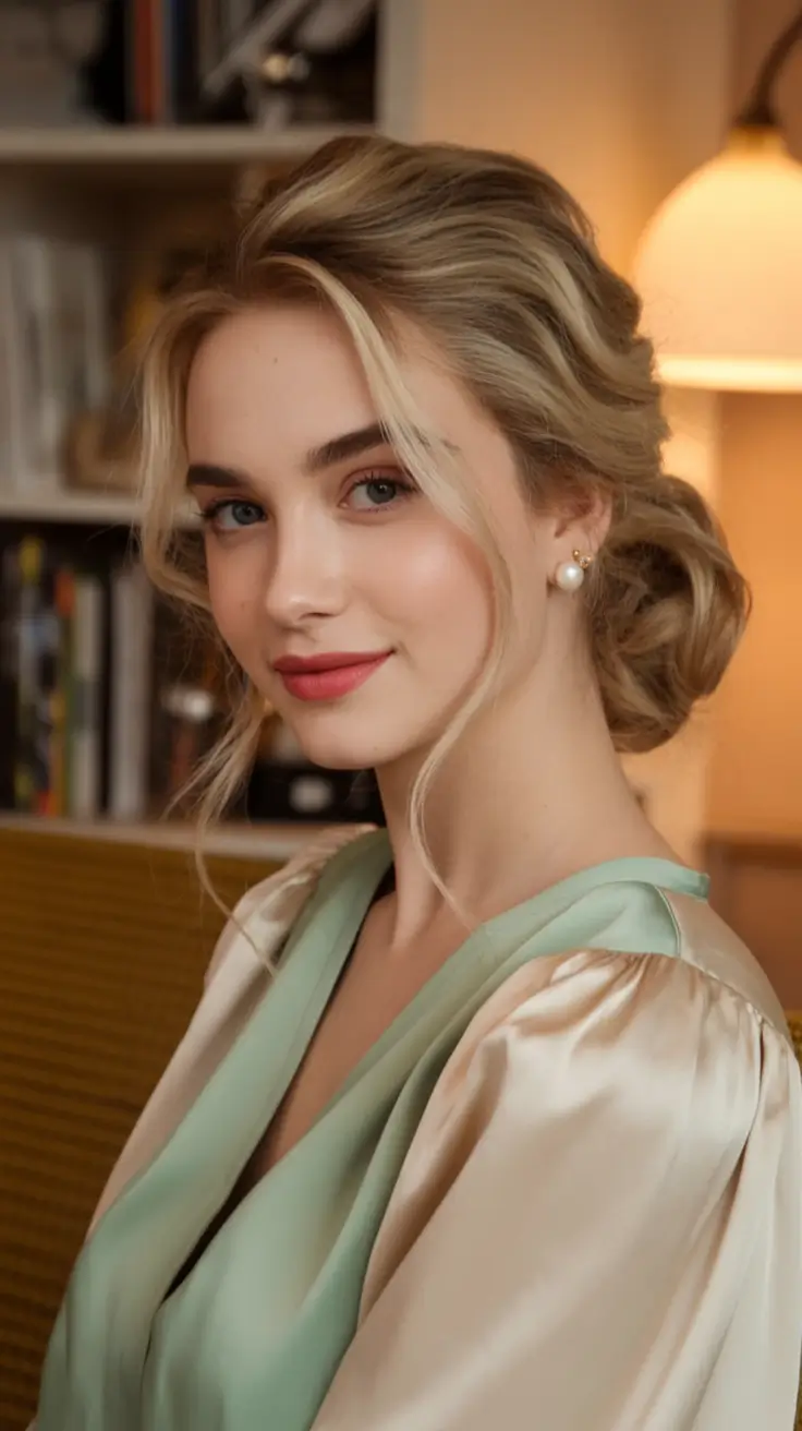 Fall hairstyle for long hairs 2025 Classic Chignon with Soft Blonde Waves