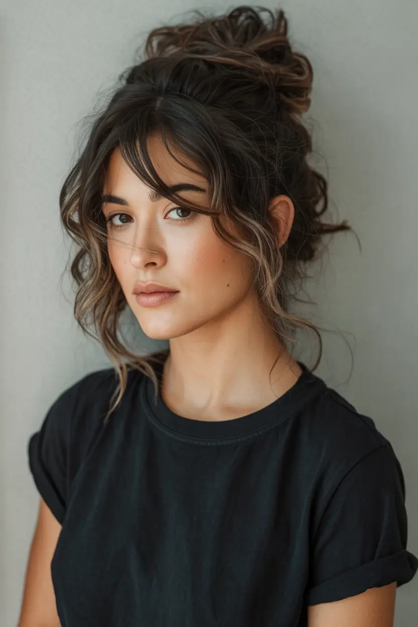 Fall hairstyle for long hairs 2025 Messy Bun with Soft Curtain Bangs