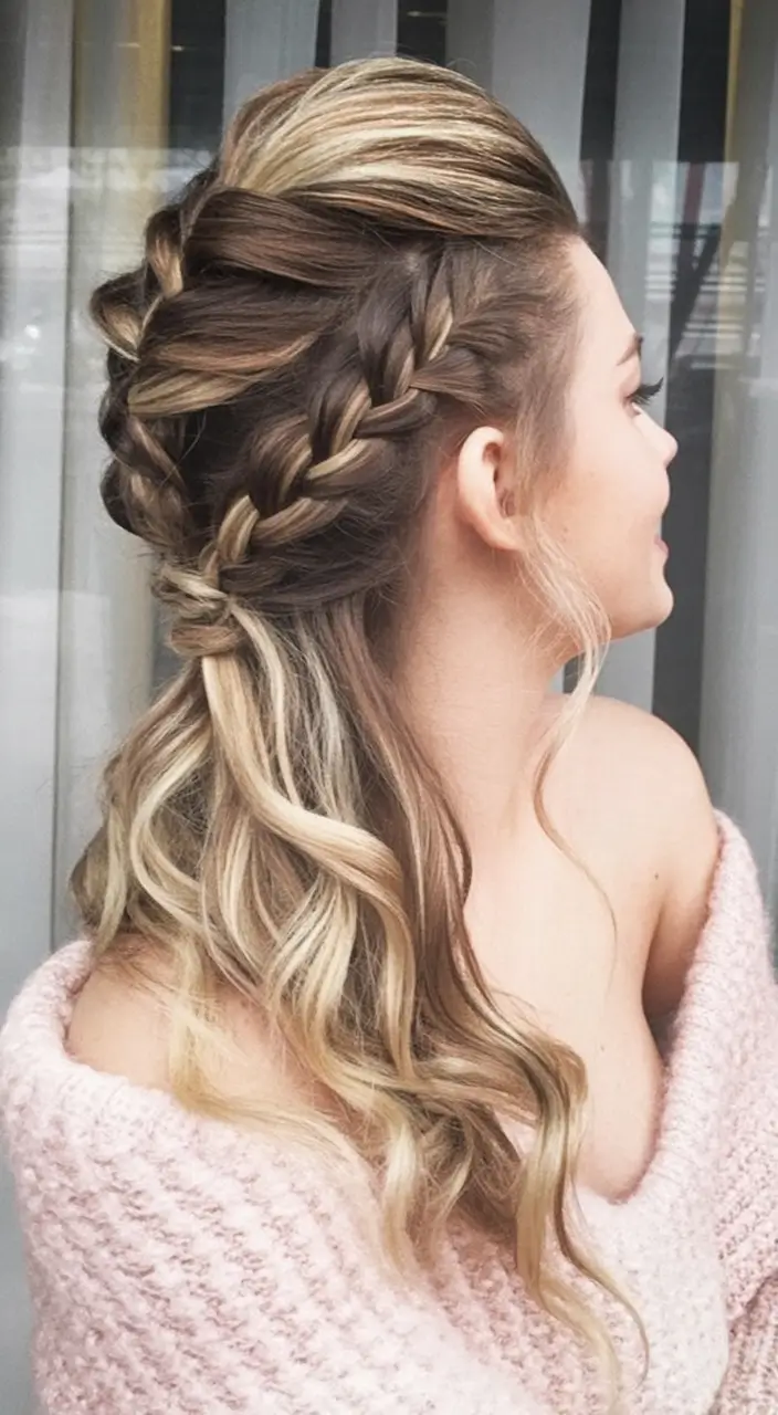 Fall hairstyle for long hairs 2025 Half-Up Braided Crown with Barrel Curls