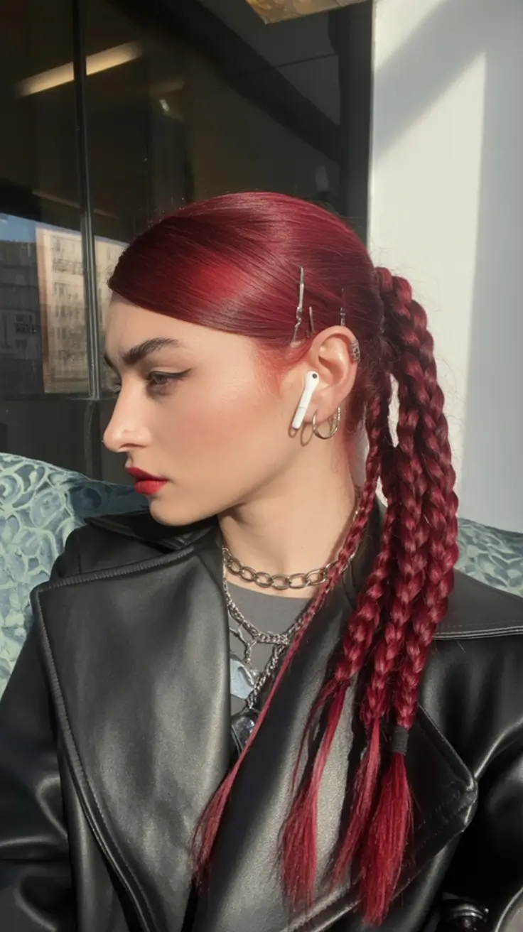Fall hairstyle for long hairs 2025 Bold Burgundy Braids with Straight Ends