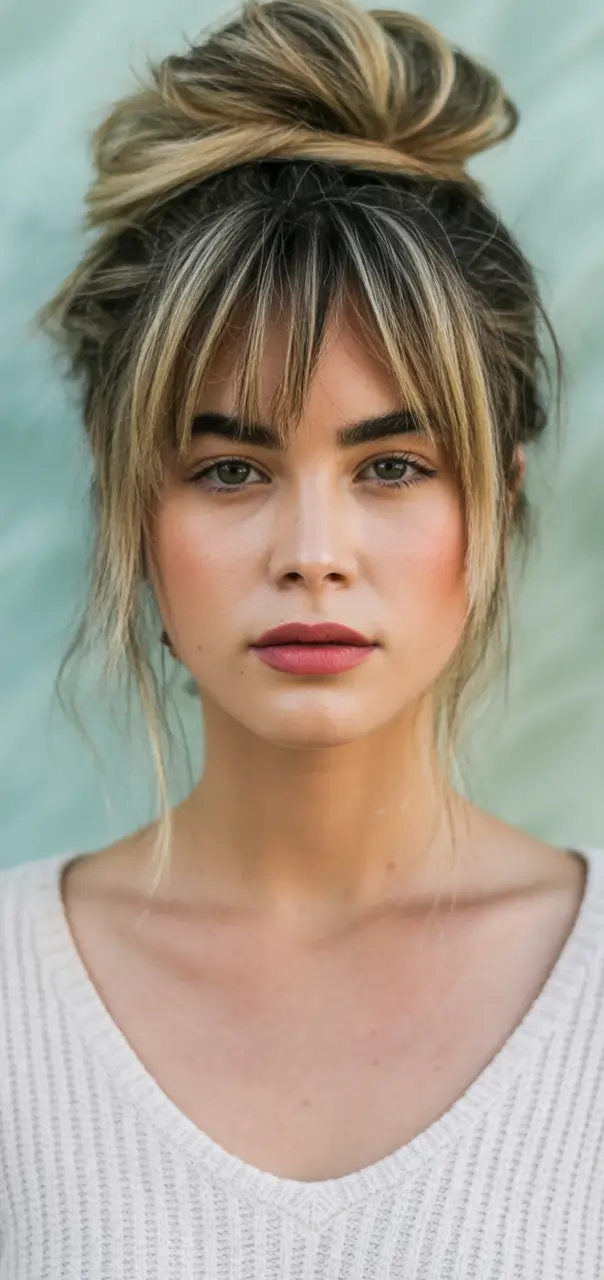 Fall hairstyle for long hairs 2025 Wispy Top Knot with Full Bangs