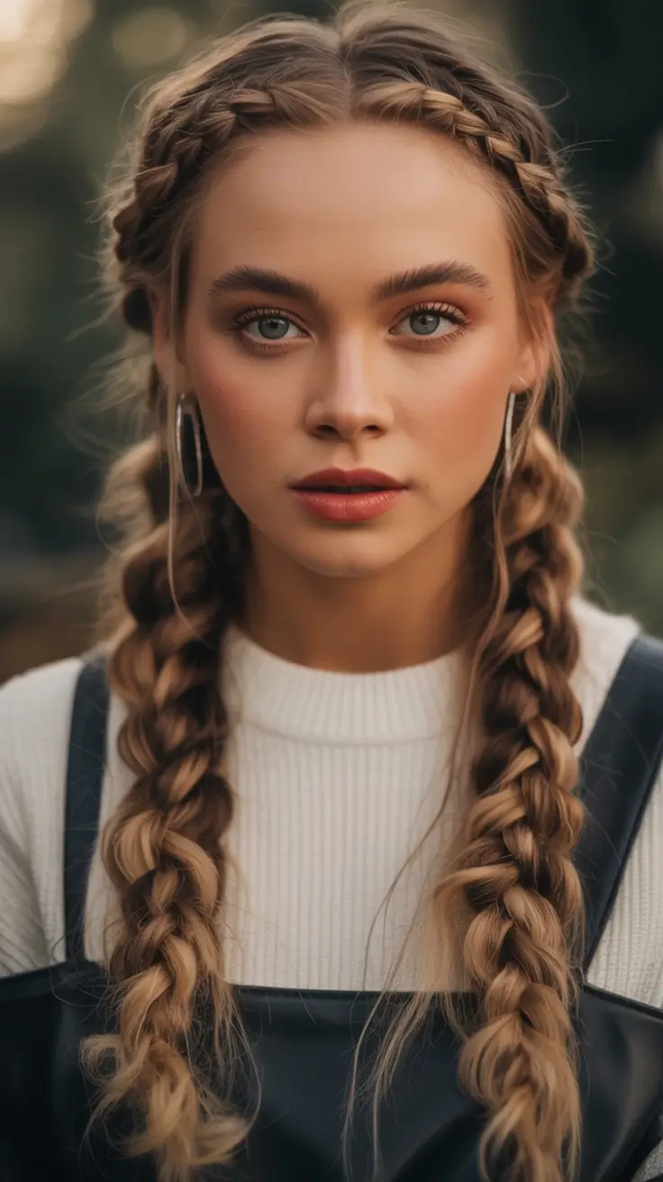 Fall hairstyle for long hairs 2025 Double Dutch Braids with Fall Energy
