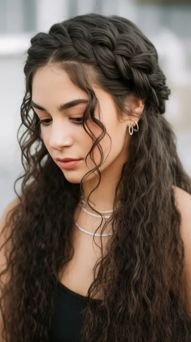 Fall hairstyle for long hairs 2025 Romantic Braided Crown with Natural Texture