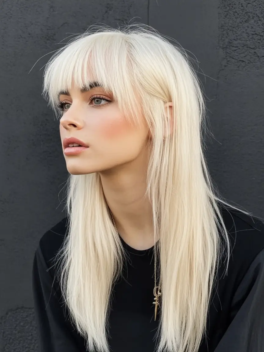 Fall hairstyle for long hairs 2025 Sleek Platinum Layers with Blunt Bangs