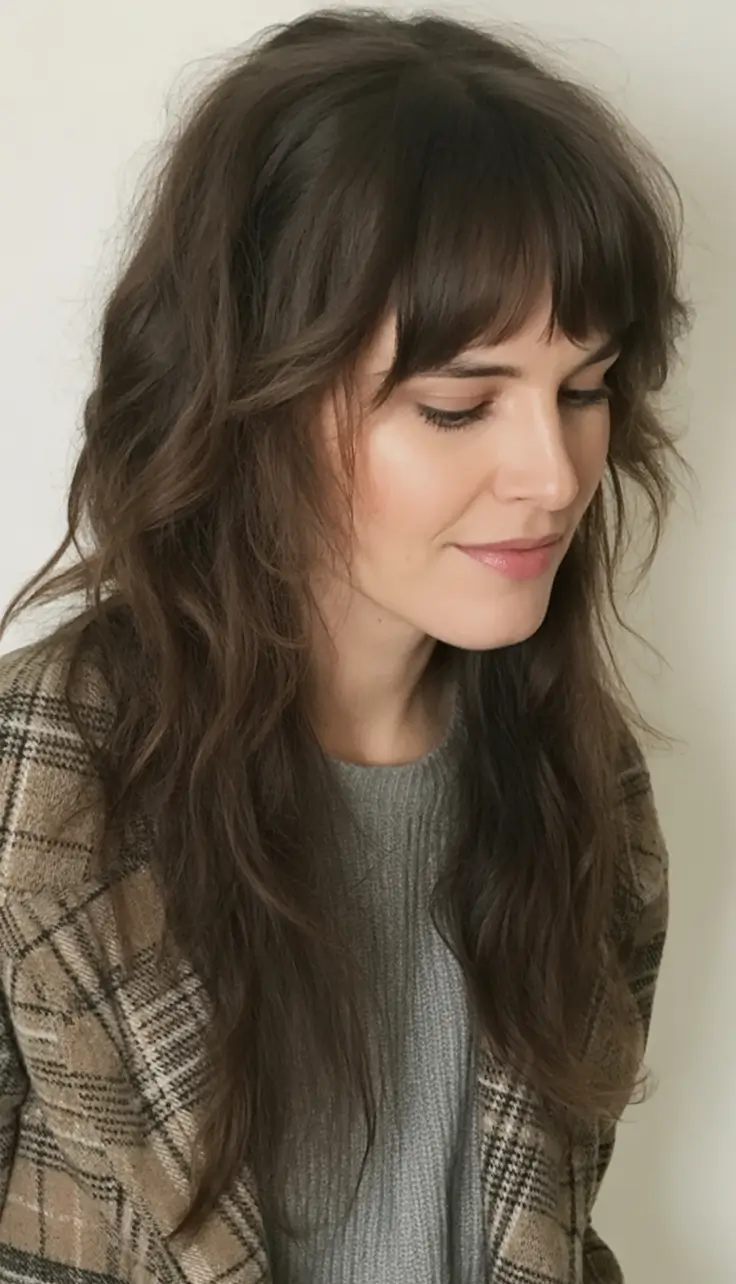 Fall hairstyle for long hairs 2025 Textured Brunette Shag with Curtain Bangs