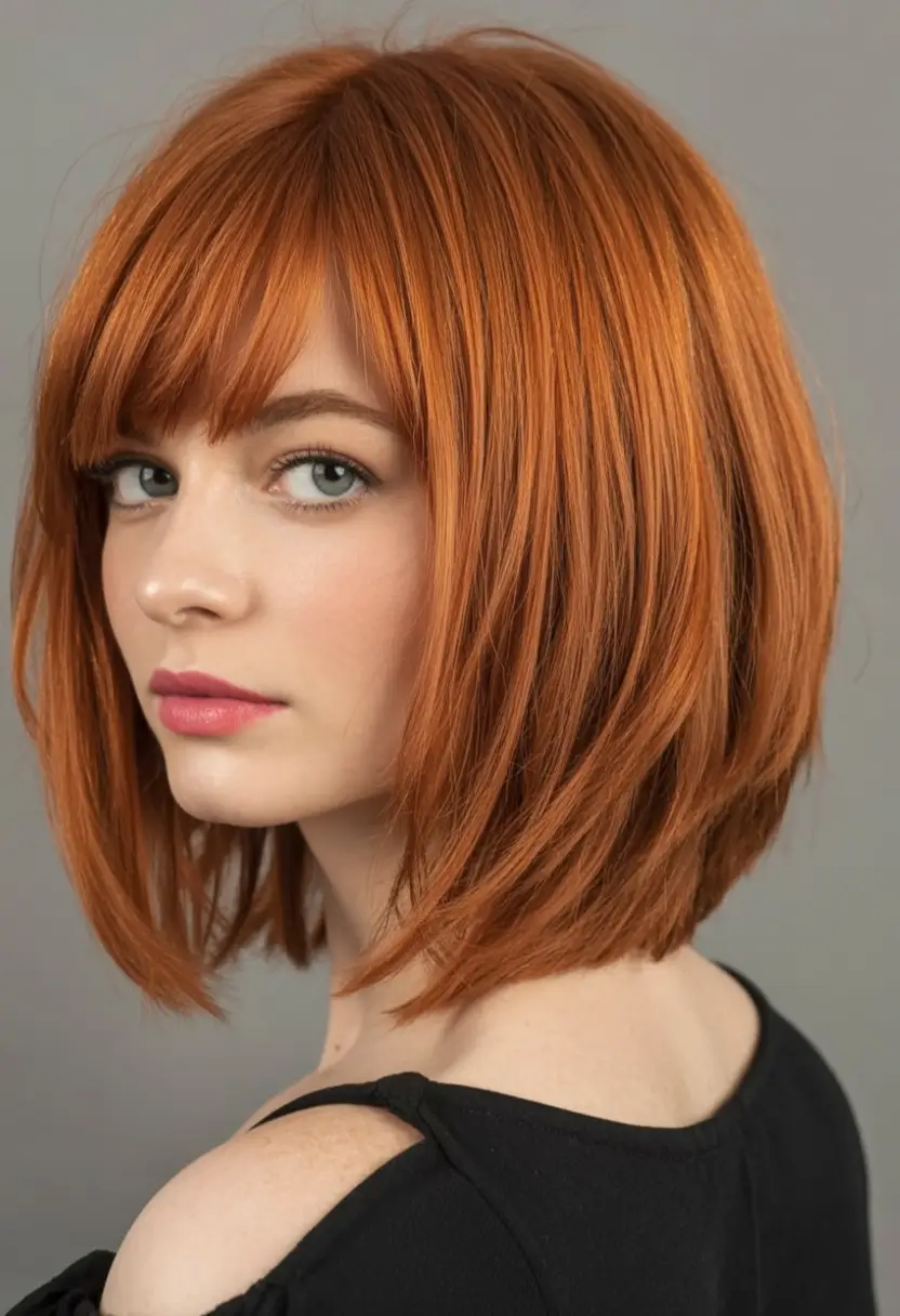Fall hairstyles ideas 2025 Layered Red Bob With Blunt Fringe