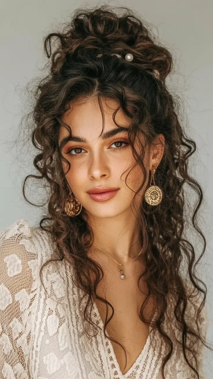 Fall hairstyles ideas 2025 Bohemian Curls with Pearled Volume