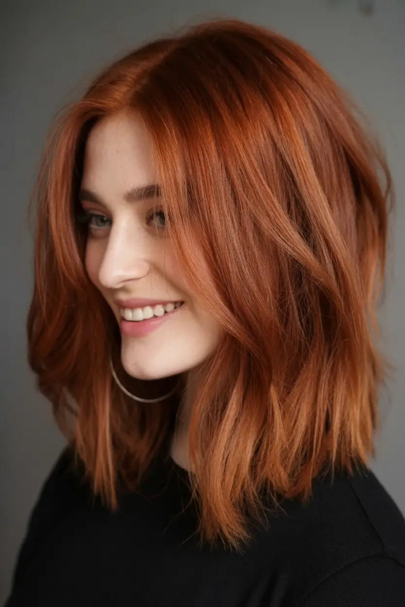 Fall hairstyles ideas 2025 Coppery Layers with Medium-Length Confidence