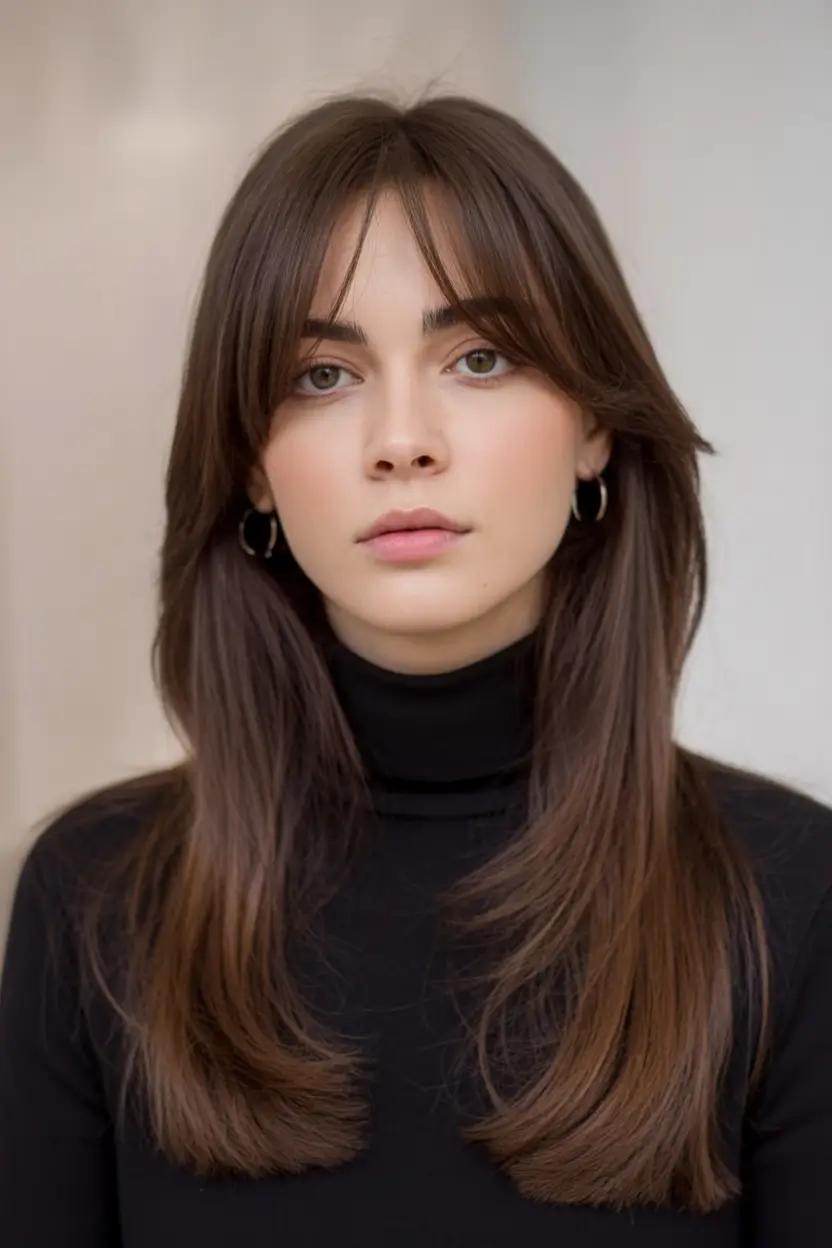 Fall hairstyles ideas 2025 Soft Layers with Grown-Out Curtain Bangs