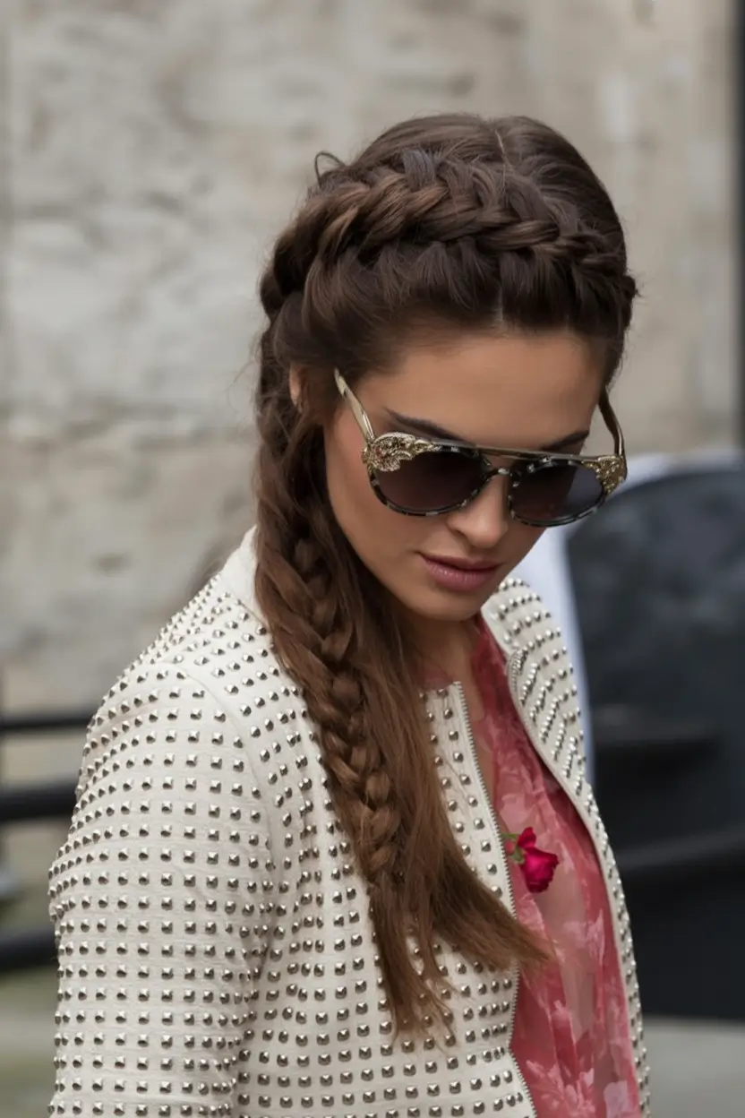 Fall hairstyles ideas 2025 Side Crown Braid with Studded Layers