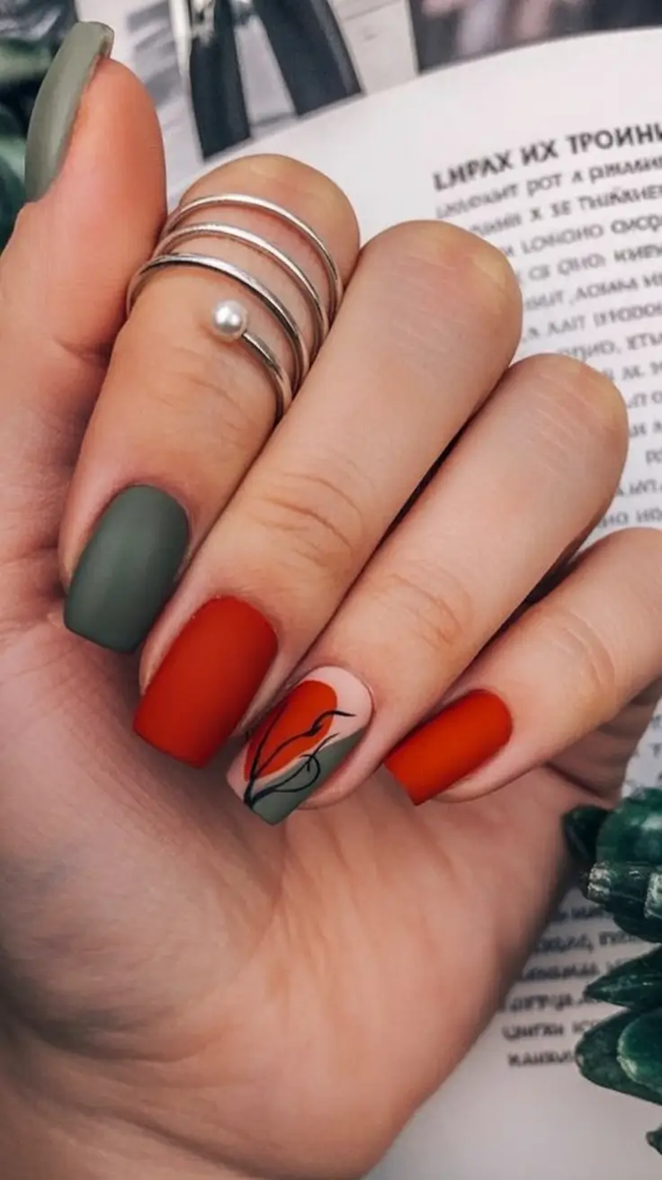 Fall Nail Art Ideas for September 2025 Matte Autumn Red and Green with Artistic Accent