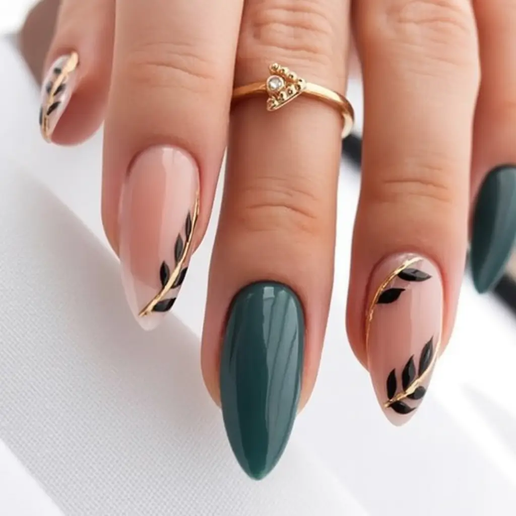 Fall Nail Art Ideas for September 2025 Gold-Lined Leaf French with Teal Accent