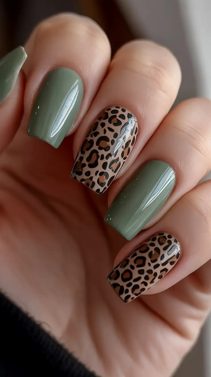Fall Nail Art Ideas for September 2025 Olive Green with Leopard Print Twist