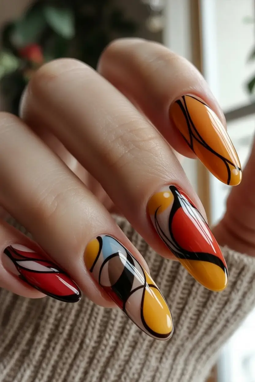 Fall Nail Art Ideas for September 2025 Abstract Stained Glass in Fall Shades