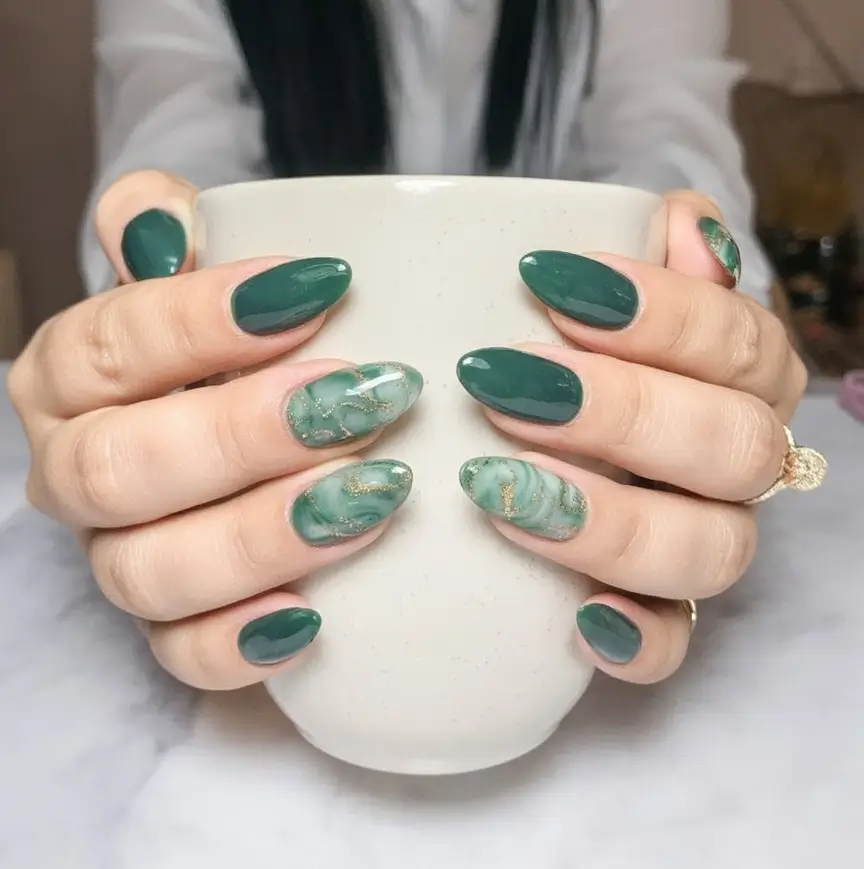 Fall Nail Art Ideas for September 2025 Elegant Green Marble Accents