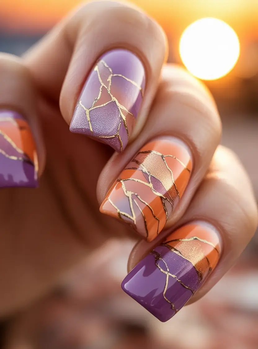 Fall Nail Art Ideas for September 2025 Gold-Lined Autumn Sunset Blend