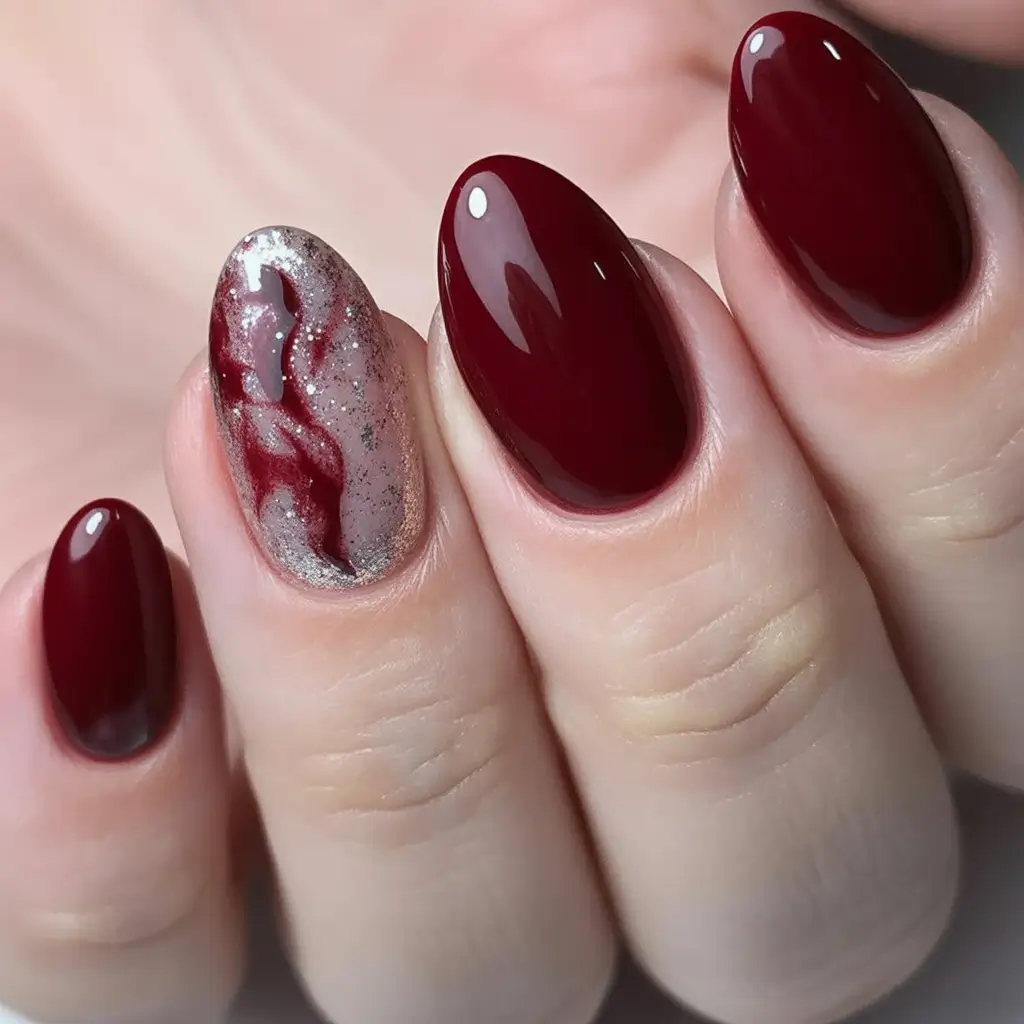 Fall Nail Art Ideas for September 2025 Deep Wine with Silver Marble Accent