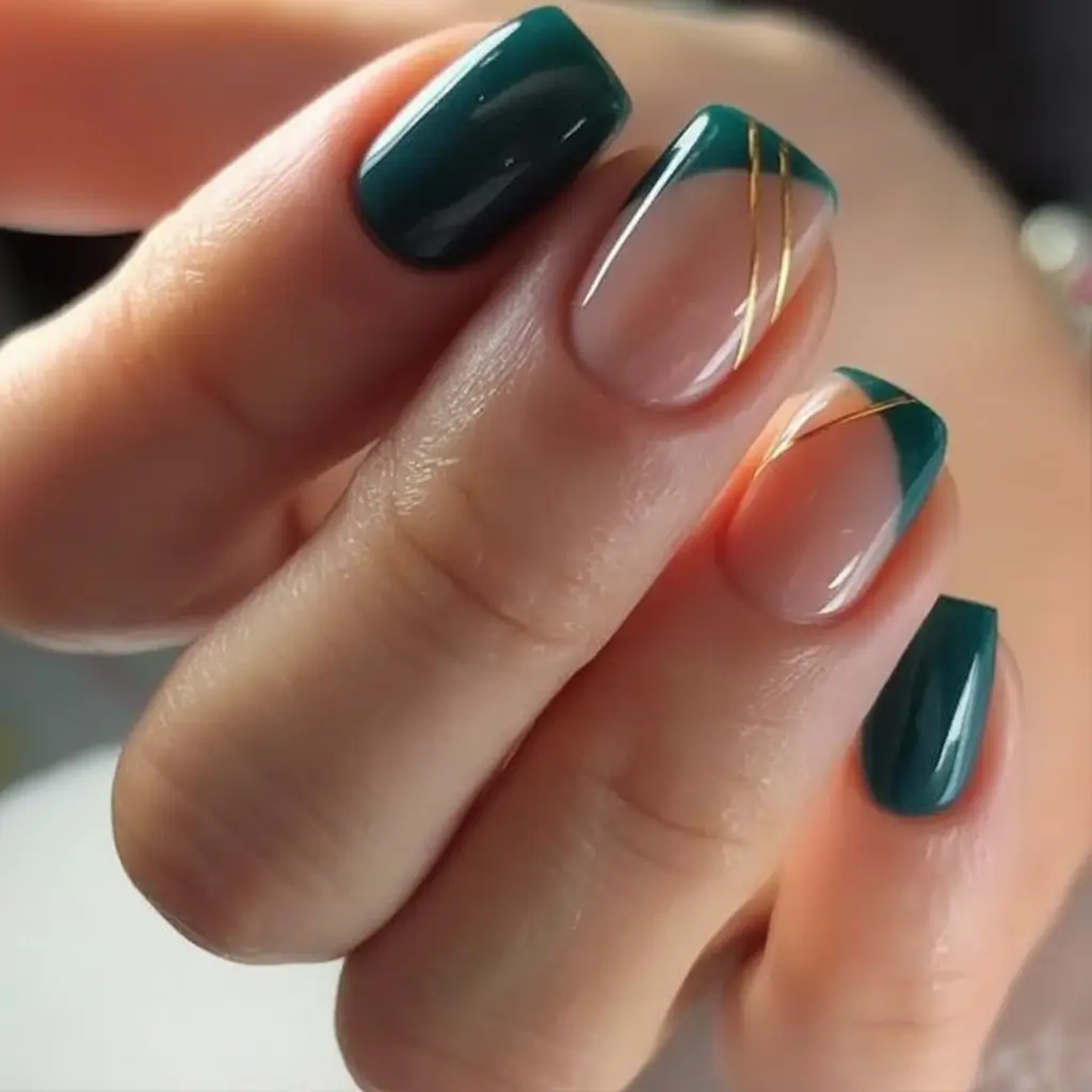 Fall Nail Art Ideas for September 2025 Chic Green French with Gold Lines