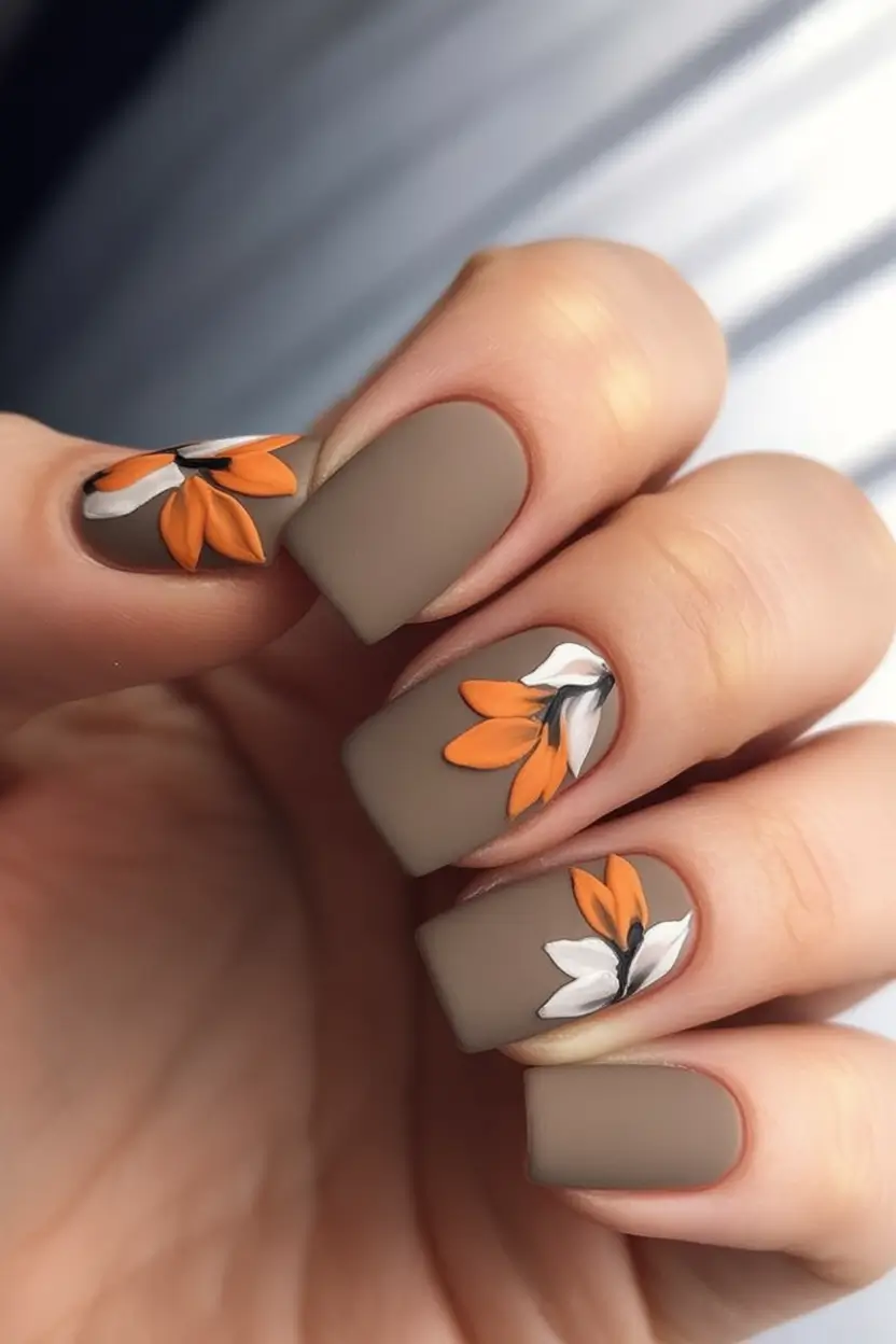 Fall Nail Art Ideas for September 2025 Matte Taupe Florals