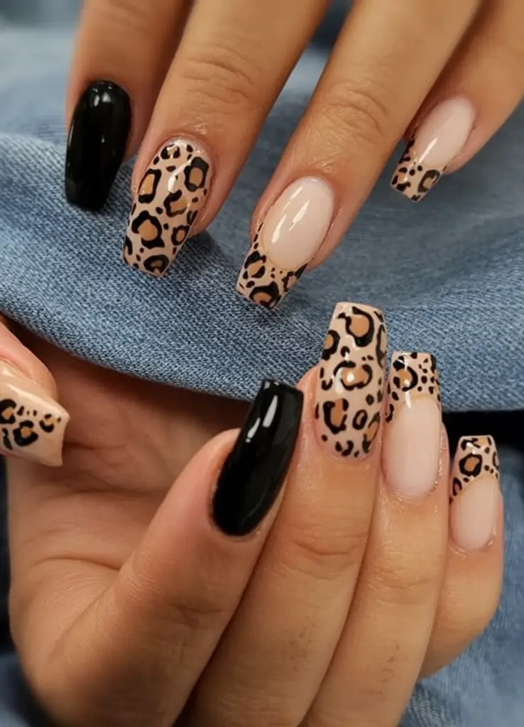 Fall Nail Art Ideas for September 2025 Leopard Print and Glossy Black Mix