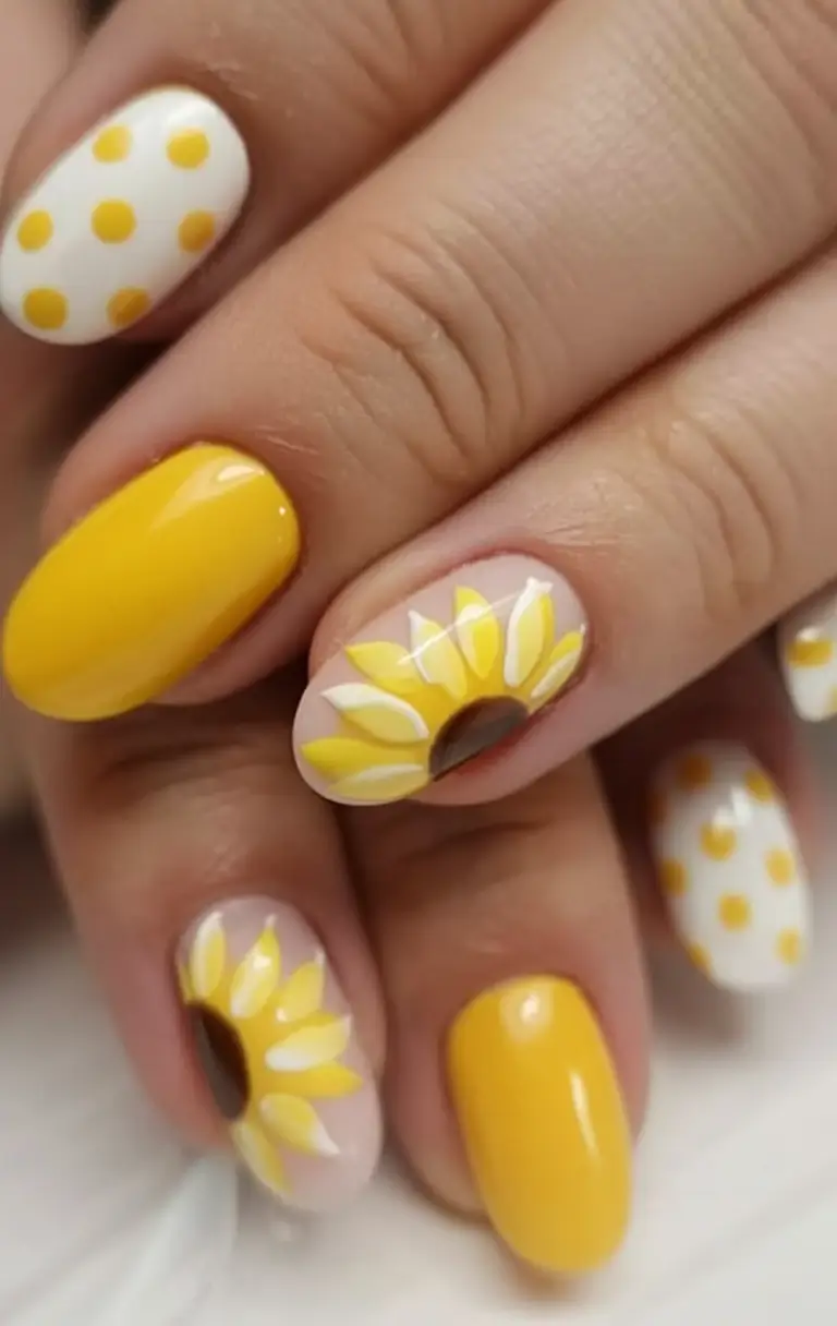 Fall Nail Art Ideas for September 2025 Sunflower and Polka Dot Cheer
