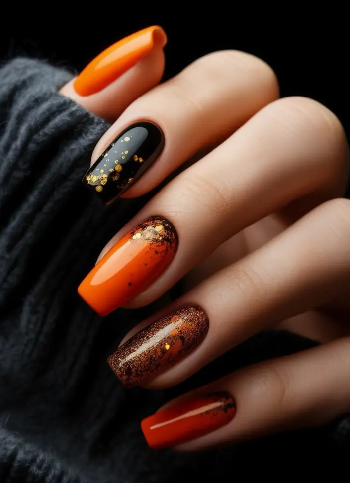 Fall Nail Art Ideas for September 2025 Halloween-Ready Orange and Black Sparkle