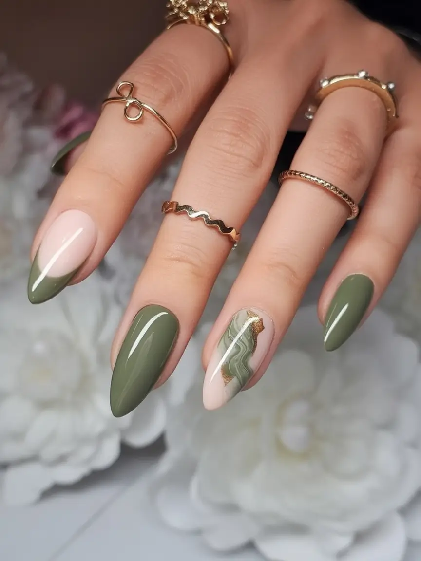 Fall Nail Art Ideas for September 2025 Olive Green with Marble Accent