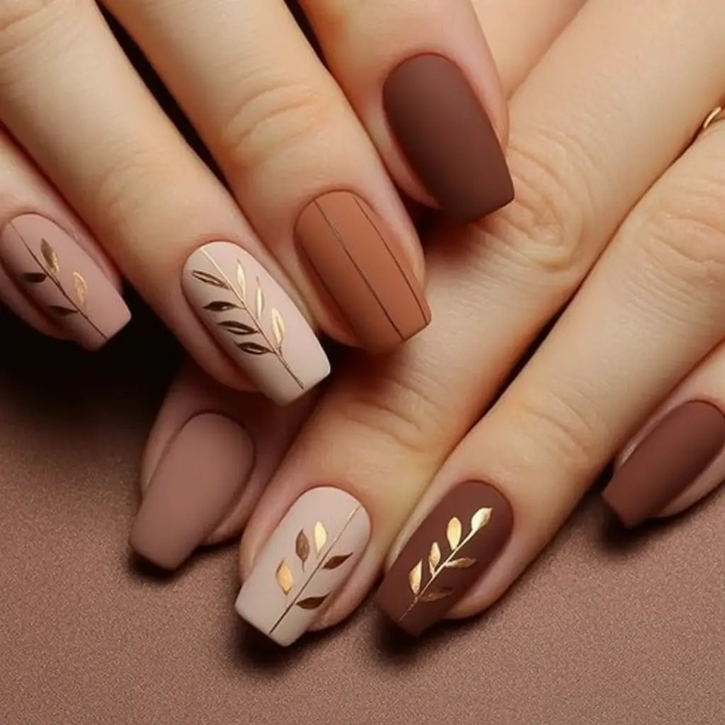 Fall Nail Art Ideas for September 2025 Matte Mocha Tones with Golden Leaf Accents
