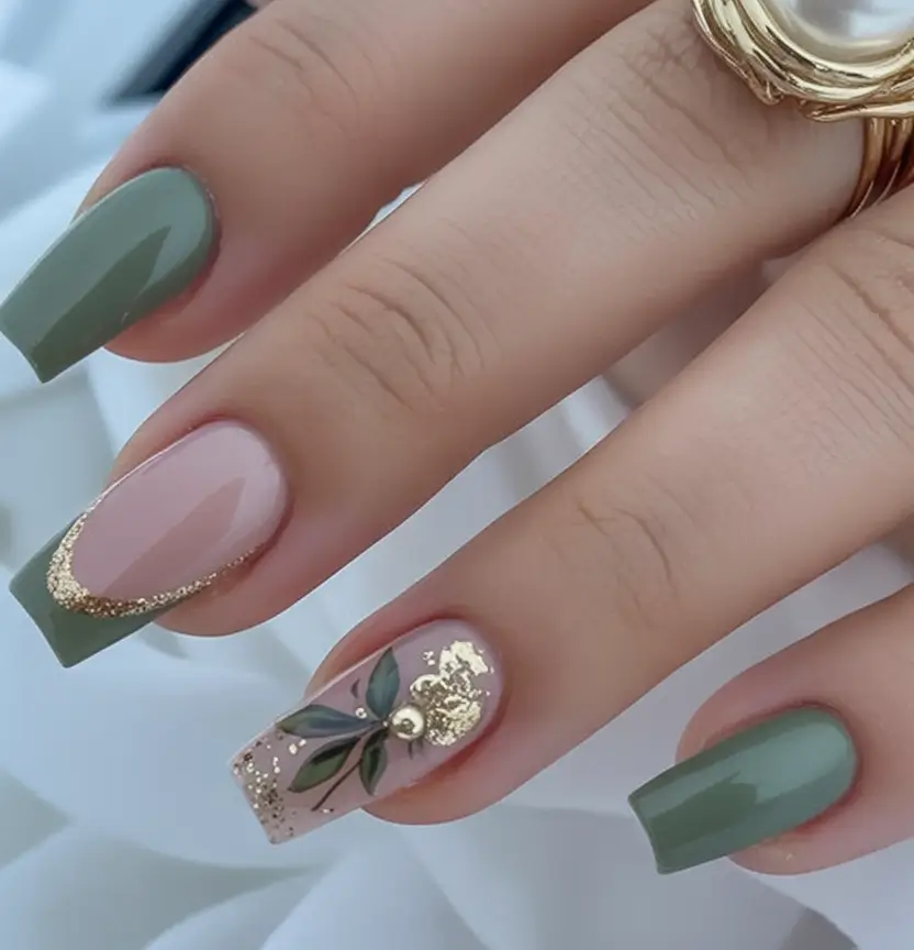Fall Nail Art Ideas for September 2025 Olive and Nude French with Botanical Accent