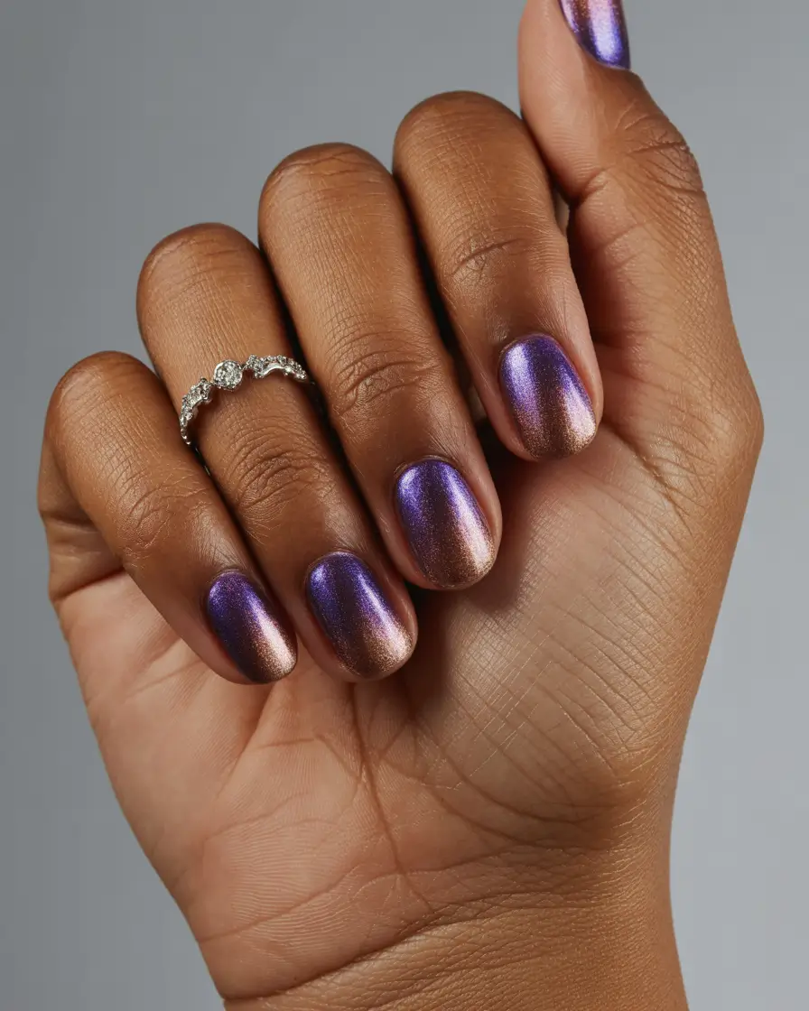 Fall Nail Colors for Brown Skin 2025 – Top Picks Metallic Purple with Rose-Gold Shift